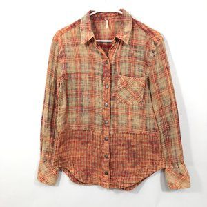 Free People Gauze Cotton Plaid Snap Button Shirt